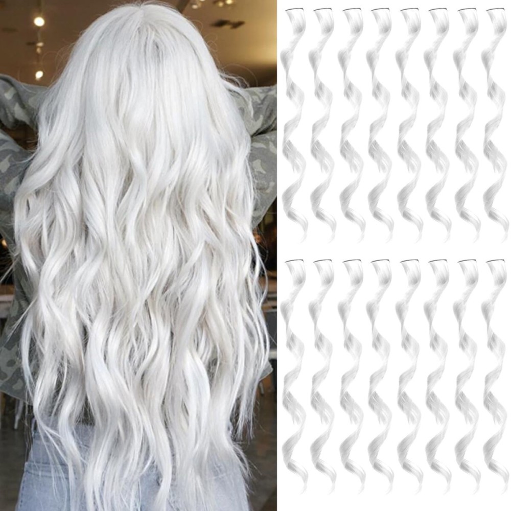 TOFAFA 16 Pcs Colored Hair Extensions Curly Wavy Clip in Synthetic Hairpiece Streak for Girls Women Kids, Multi-colors Party Highlights Cosplay Festival Gift(White)
