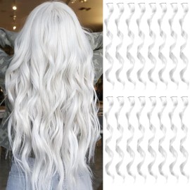 TOFAFA 16 Pcs Colored Hair Extensions Curly Wavy Clip in Synthetic Hairpiece Streak for Girls Women Kids, Multi-colors Party Highlights Cosplay Festival Gift(White)
