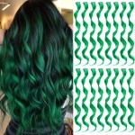 TOFAFA 16 Pcs Colored Hair Extensions Curly Wavy Clip in Synthetic Hairpiece Streak for Girls Women Kids, Multi-colors St. Patrick\'s Day Party Highlights Cosplay Festival Gift(Green)