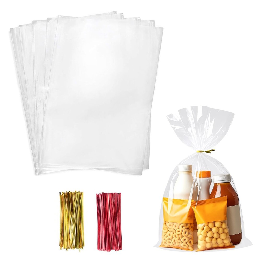 Morepack Cellophane Treat Bags, 200 PCS Clear Cellophane Gift Bags with Twist Ties (8x12)