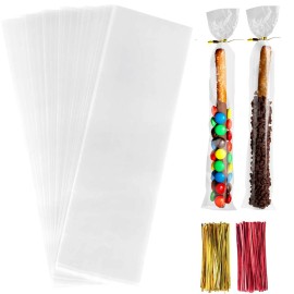 Morepack Pretzel Rod Bags,2x10 Inches 200 Pieces Pretzel Individual Stick Bags with Ties