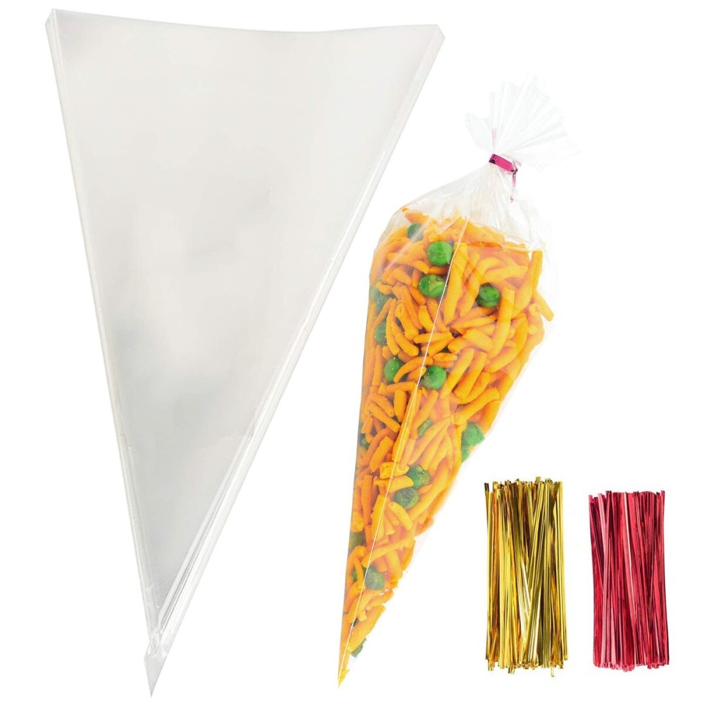 Morepack Cone Cellophane Bags,200 Pieces 6.3x11.8 Cello Clear Cone Shaped Treat Bags with Twist Ties, Plastic Triangle Bag for Popcorn Favor Candy