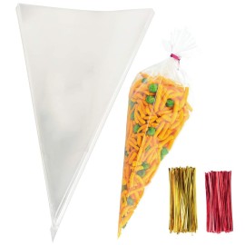 Morepack Cone Cellophane Bags,200 Pieces 6.3x11.8 Cello Clear Cone Shaped Treat Bags with Twist Ties, Plastic Triangle Bag for Popcorn Favor Candy