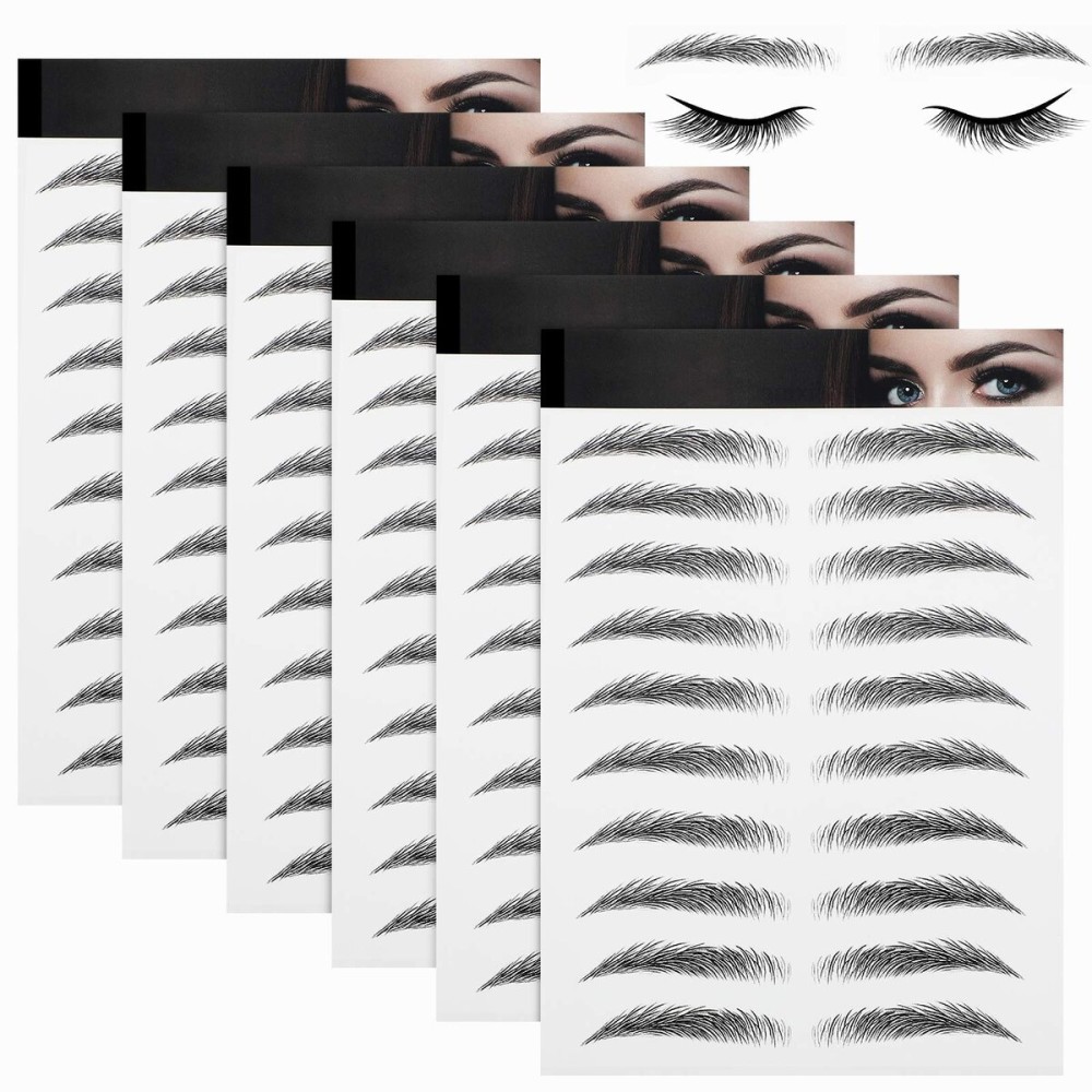 Blulu 6 Sheets 4d Hair-like Waterproof Eyebrow Tattoos Stickers Transfers Temporary Brow Tattoo Peel off Grooming Shaping Sticker in Arch Style, 66 Pairs Black(Simple Styles)