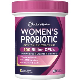 Doctor\'s Recipes Probiotics for Women, 100 Billion CFU 32 Strains, with Prebiotic Fiber, Enzymes & Cranberry, No Yeast, Shelf Stable, Delayed Release, 30 Caps