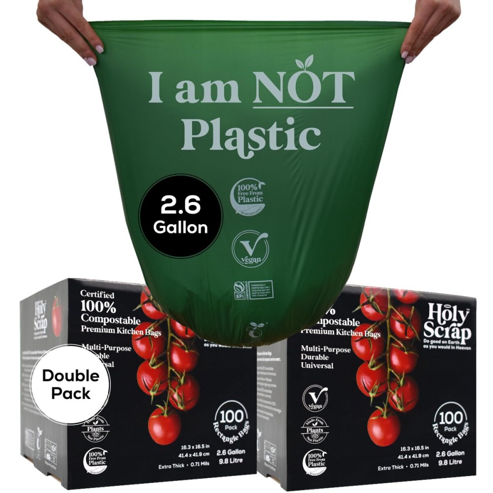 HOLY SCRAP! Small Compostable Trash Bags - 2.6 Gallon, 200 Pack, 100% Plastic-Free Decomposing Kitchen Food Waste Trash Can Bags & Liners, Thick Countertop Garbage, Bathroom & Bio Bin Bags
