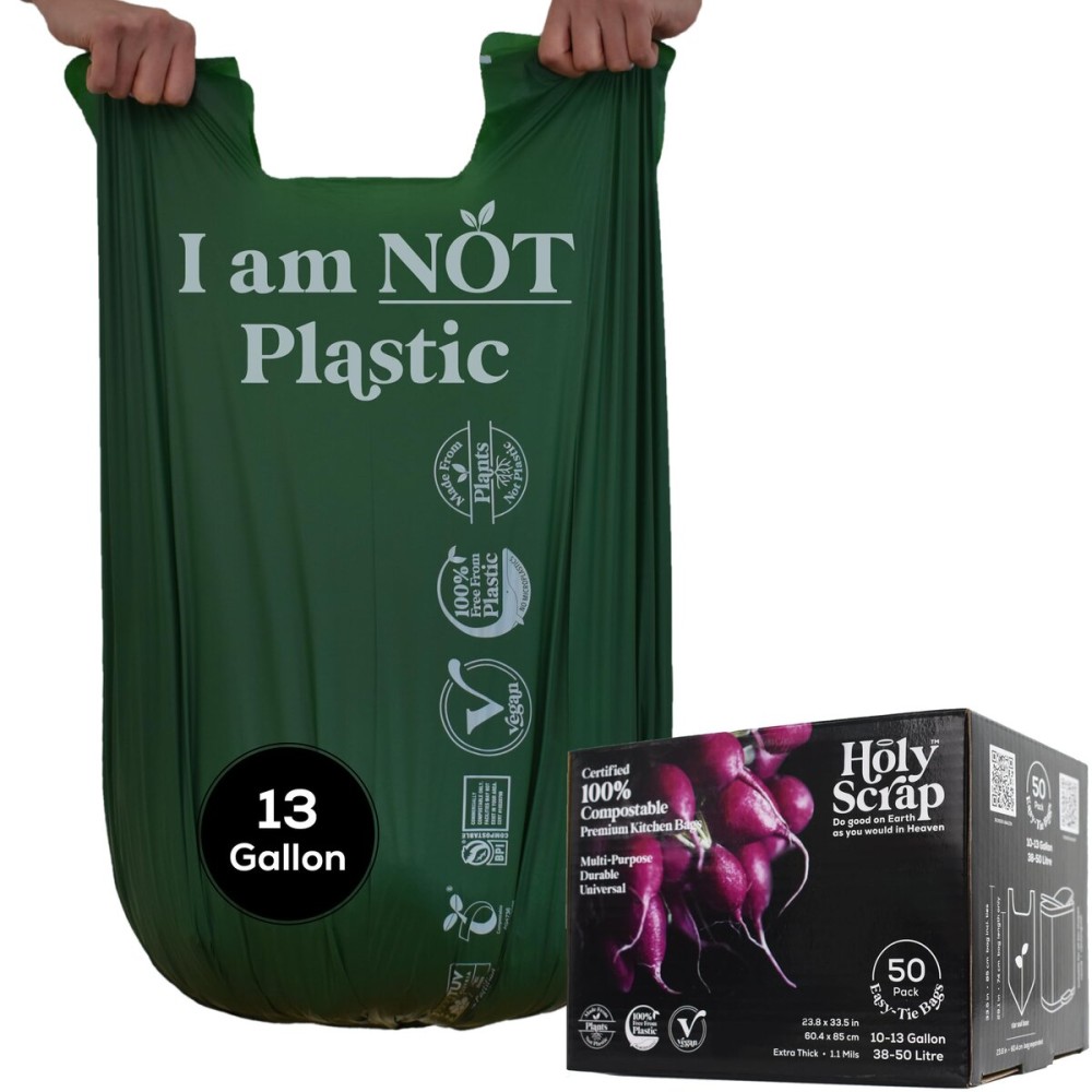 HOLY SCRAP! Large Compostable Trash Bags - 10-13 Gallon, 50 Pack, 100% Plastic-Free Decomposing Easy-Tie Trash Can Bags & Liners, Thick Kitchen, Bathroom & Backyard Bin Bags for Food & Green Waste