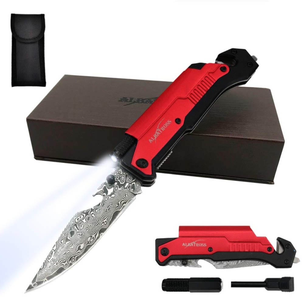 ALBATROSS 6-in-1 Modern Damascus Steel Folding Pocket Knives with LED Light,Seatbelt Cutter,Glass Breaker,Magnesium Fire Starter,Bottle Opener;Multi-Function Emergency Tool(Red-DA)
