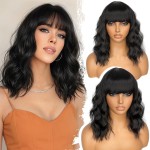 Nnzes Black Wavy Wigs with Bangs Womens Short Black Bob Wig Synthetic Natural Looking Heat Resistant Fiber Hair