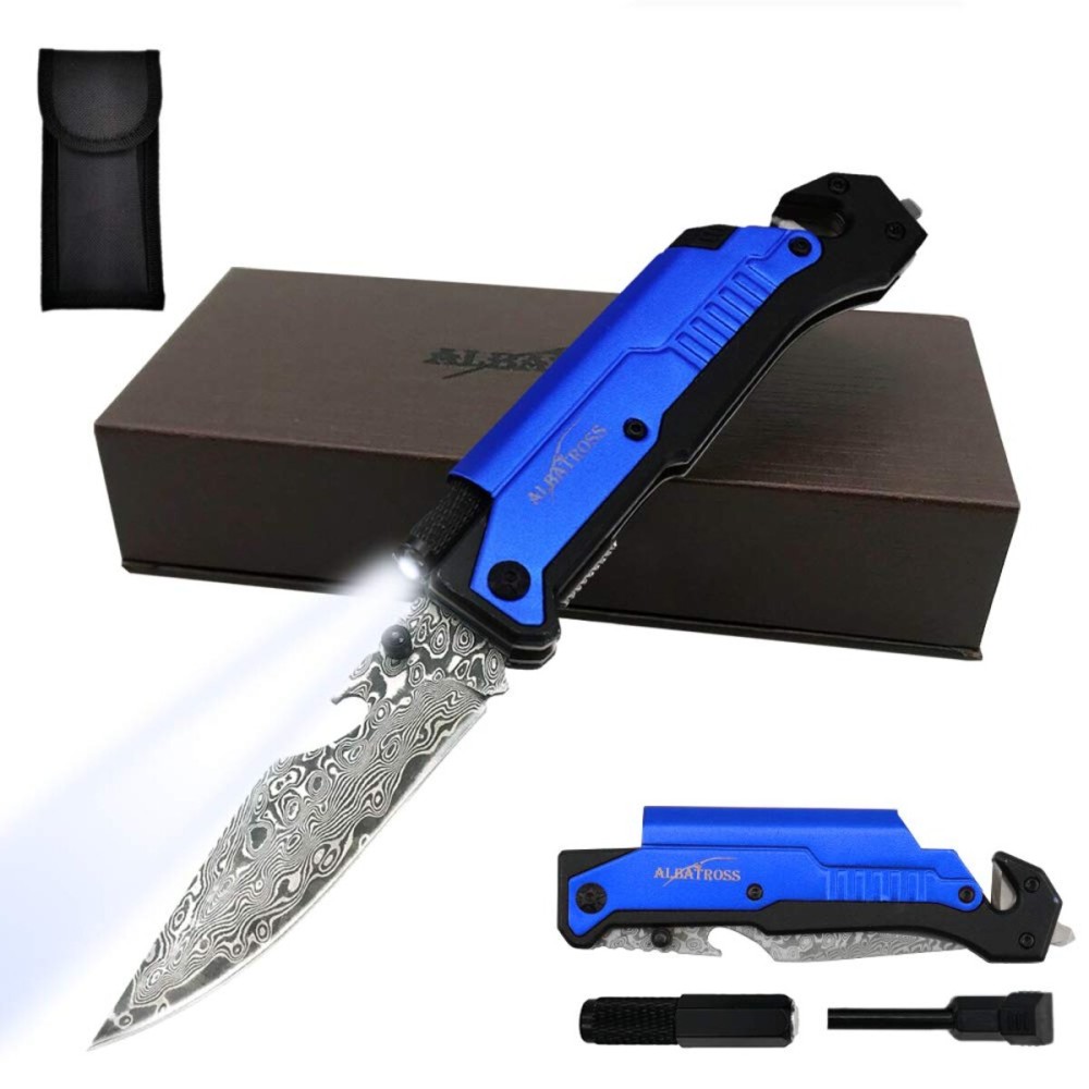 ALBATROSS 6-in-1 Modern Damascus Steel Folding Pocket Knives with LED Light,Seatbelt Cutter,Glass Breaker,Magnesium Fire Starter,Bottle Opener;Multi-Function Emergency Tool(Blue-da)