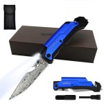 ALBATROSS 6-in-1 Modern Damascus Steel Folding Pocket Knives with LED Light,Seatbelt Cutter,Glass Breaker,Magnesium Fire Starter,Bottle Opener;Multi-Function Emergency Tool(Blue-da)