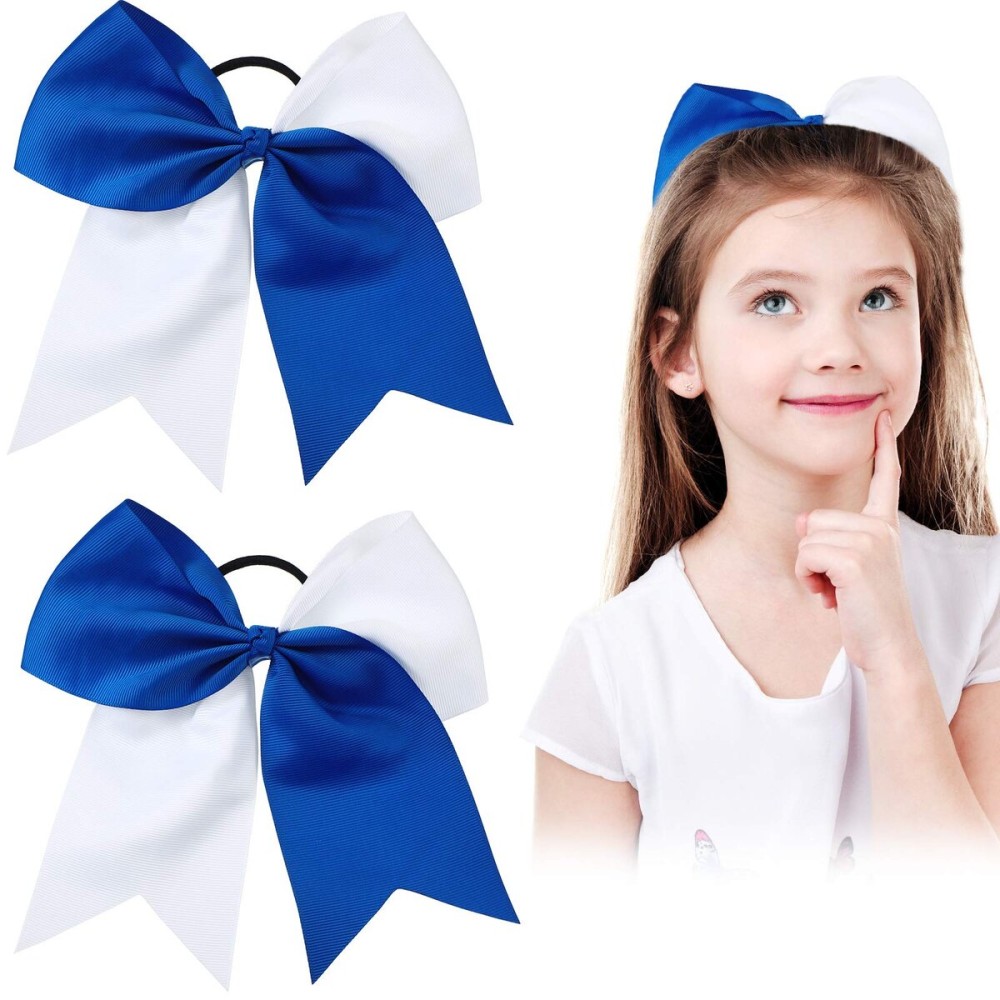 2 Packs Jumbo Cheerleading Bow 8 Inch Large Cheer Hair Bows with Ponytail Holder for Teen Girls Softball Outfit Uniform(Blue and White)