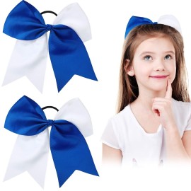 2 Packs Jumbo Cheerleading Bow 8 Inch Large Cheer Hair Bows with Ponytail Holder for Teen Girls Softball Outfit Uniform(Blue and White)