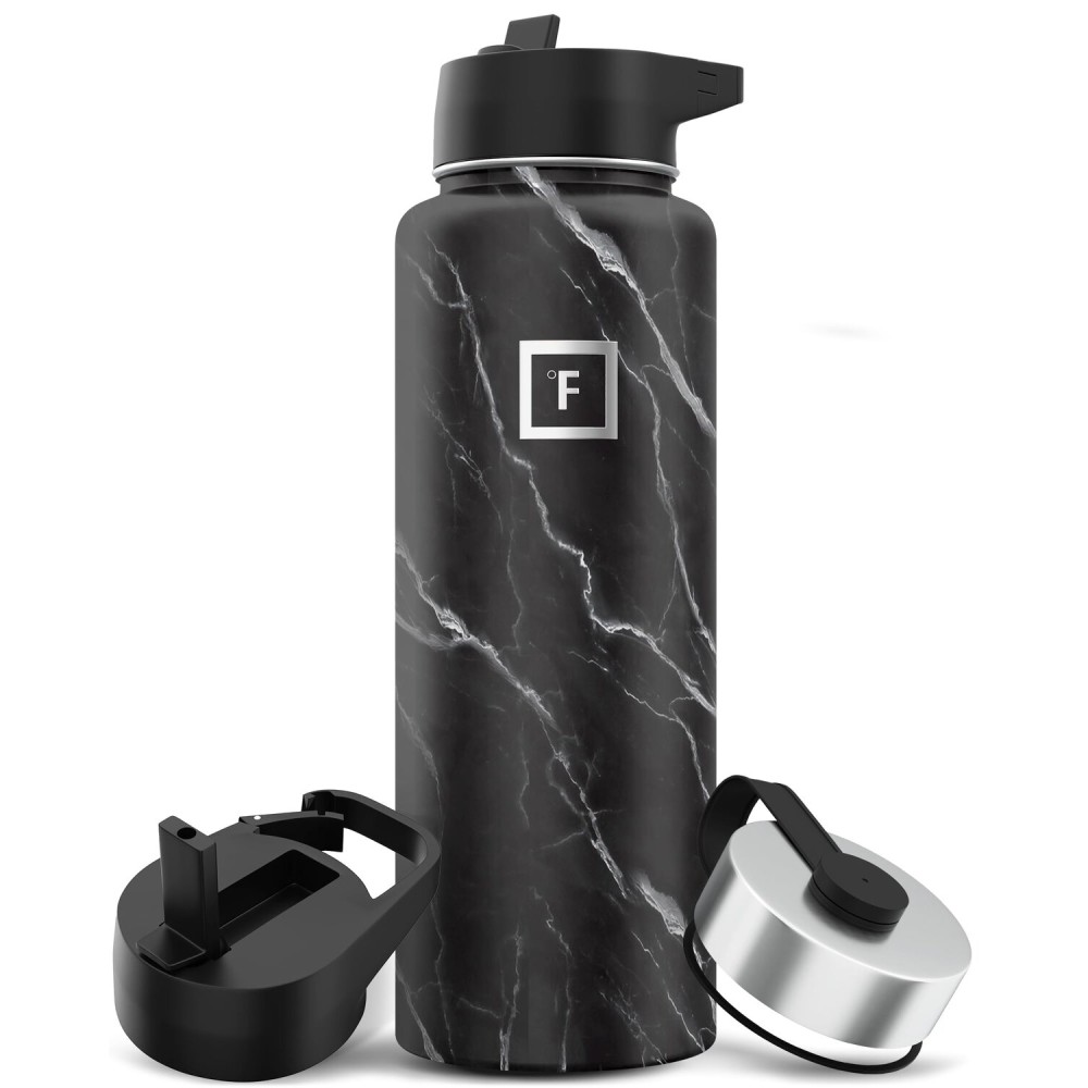IRON FLASK Camping & Hiking Hydration Flask with Straw, Wide Mouth Insulated Stainless Steel Sports Water Bottle - 40 oz Black Marquina