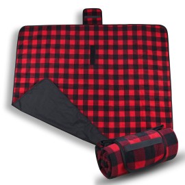 Tirrinia Red Plaid Waterproof Outdoor Blanket with Fleece Lining, Windproof Triple Layers Warm Comfy Foldable for Camping Stadium Sports Picnic Grass Concerts Pet 51\'\'X 59\'\' - Machine Washable
