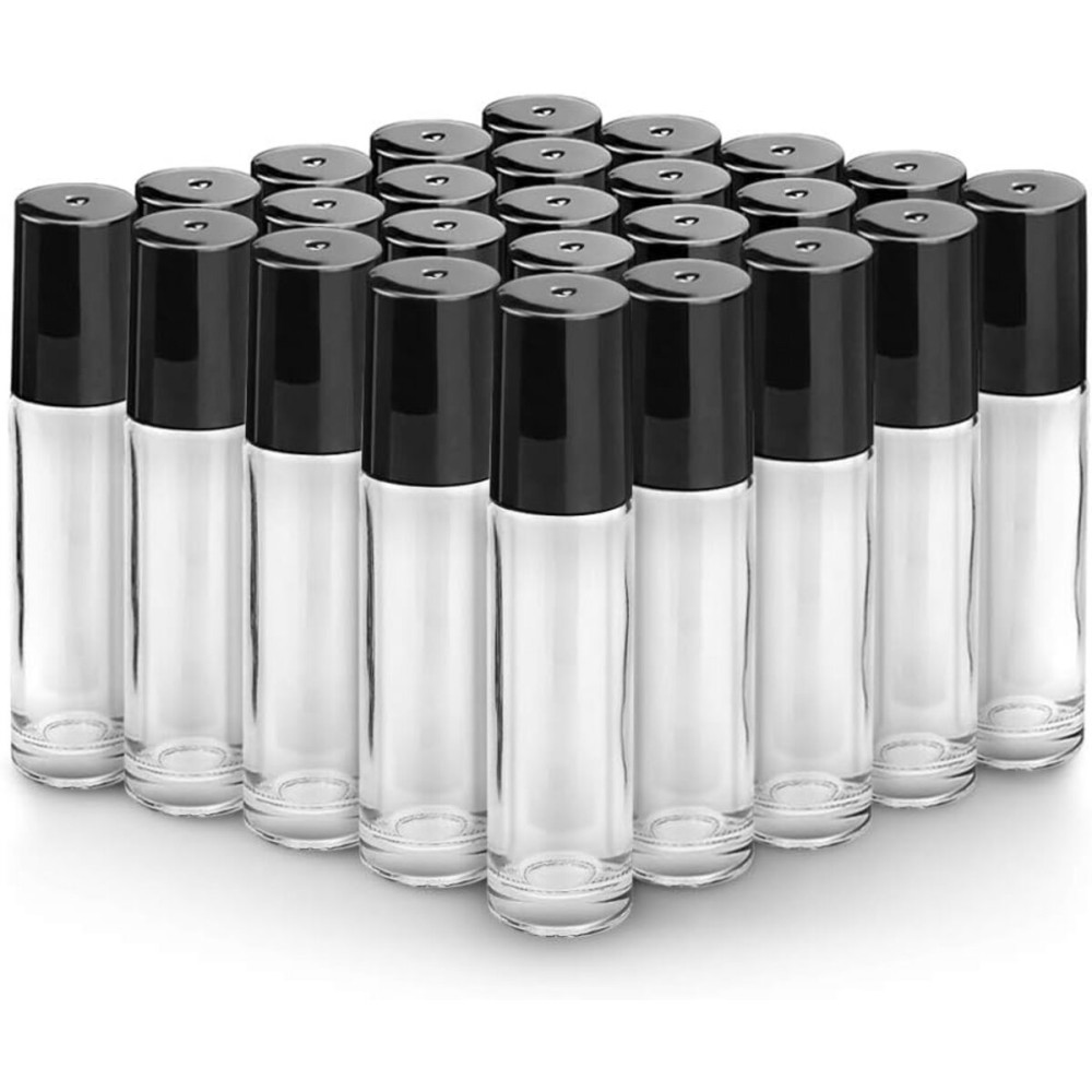Sungwoo 25 Pack Essential Oil Roller Bottles, 10ml Clear Glass Bottles with Stainless Steel Roller Ball and Cap for Travel, Perfume and Lip Gloss
