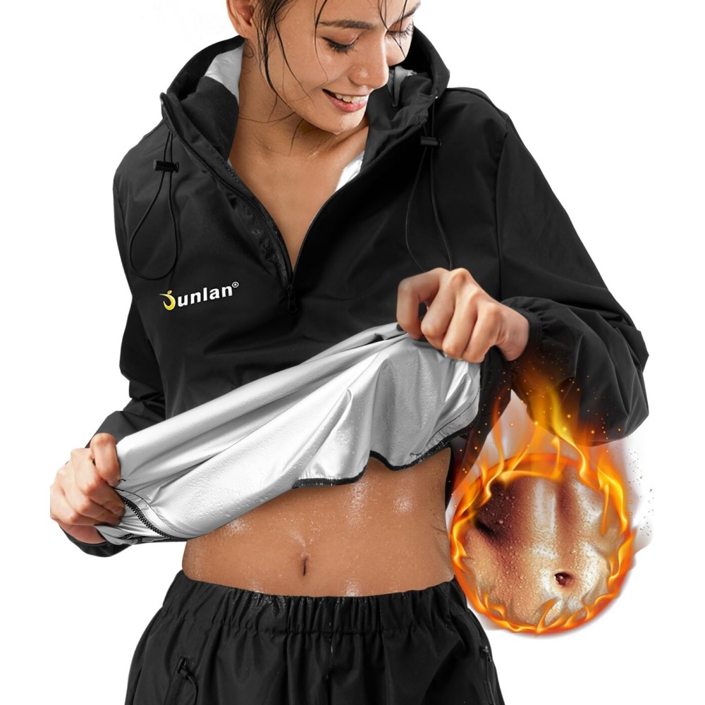 Junlan Sauna Suit for Women Sweat Jacket Gym Workout Vest Sweat Suits for Women (A.Black Tops Only,3X-Large)