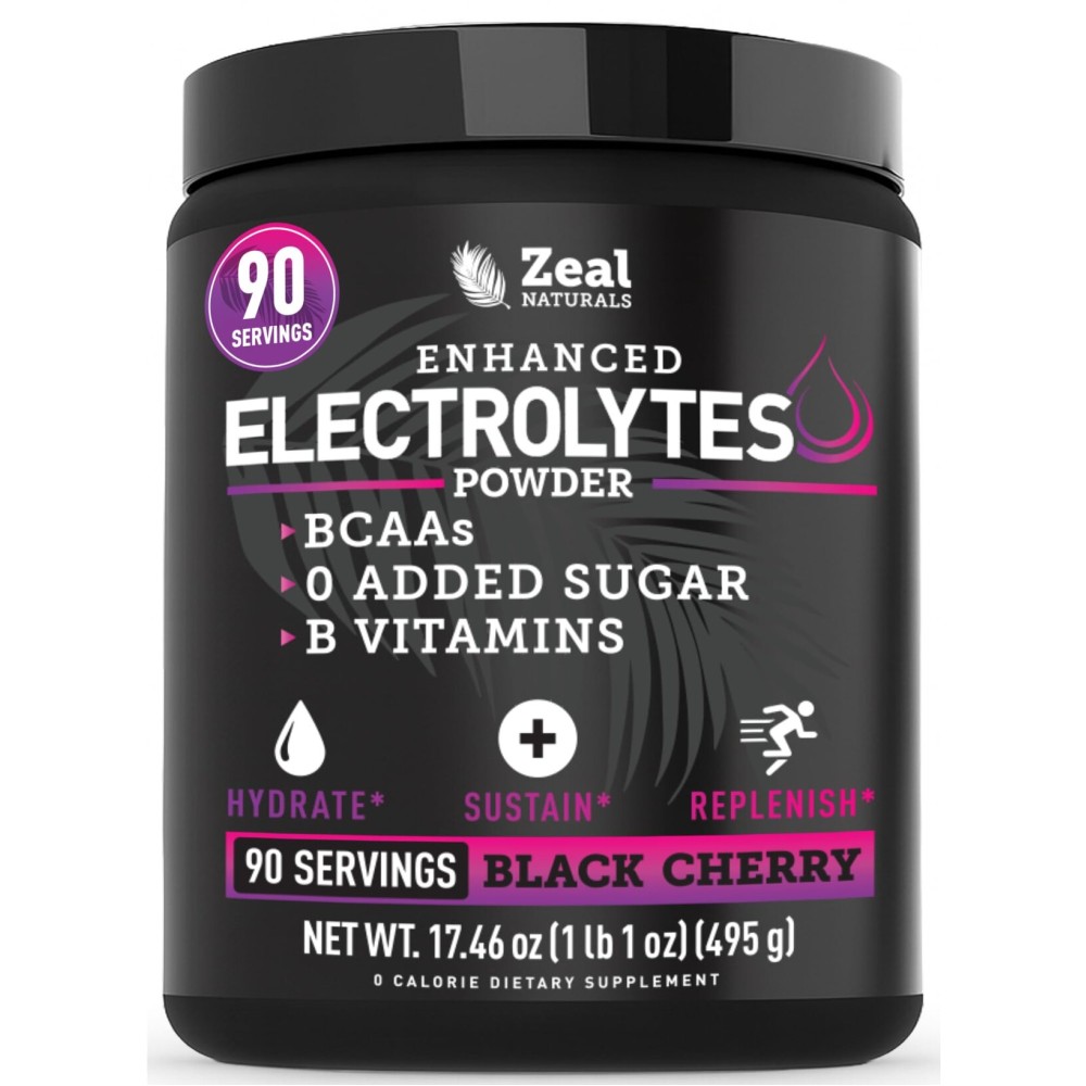 Zeal Electrolyte Powder - 90 Servings | Keto Electrolytes Powder | Zero Sugar, BCAAs, B-Vitamins | Potassium, Zinc, Magnesium | Hydration Powder Recovery Drink | Black Cherry