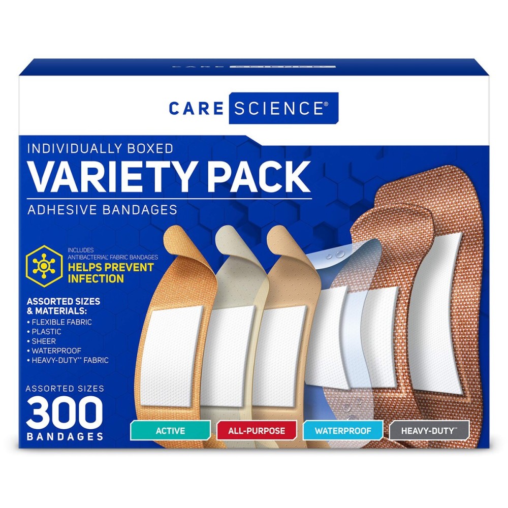 Care Science Variety Bandages Pack, 300 ct Bulk Assorted Sizes | Includes Active, All-Purpose, Waterproof, Heavy-Duty | Breathable Protection for First Aid