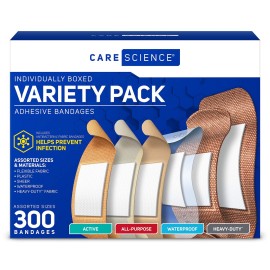 Care Science Variety Bandages Pack, 300 ct Bulk Assorted Sizes | Includes Active, All-Purpose, Waterproof, Heavy-Duty | Breathable Protection for First Aid