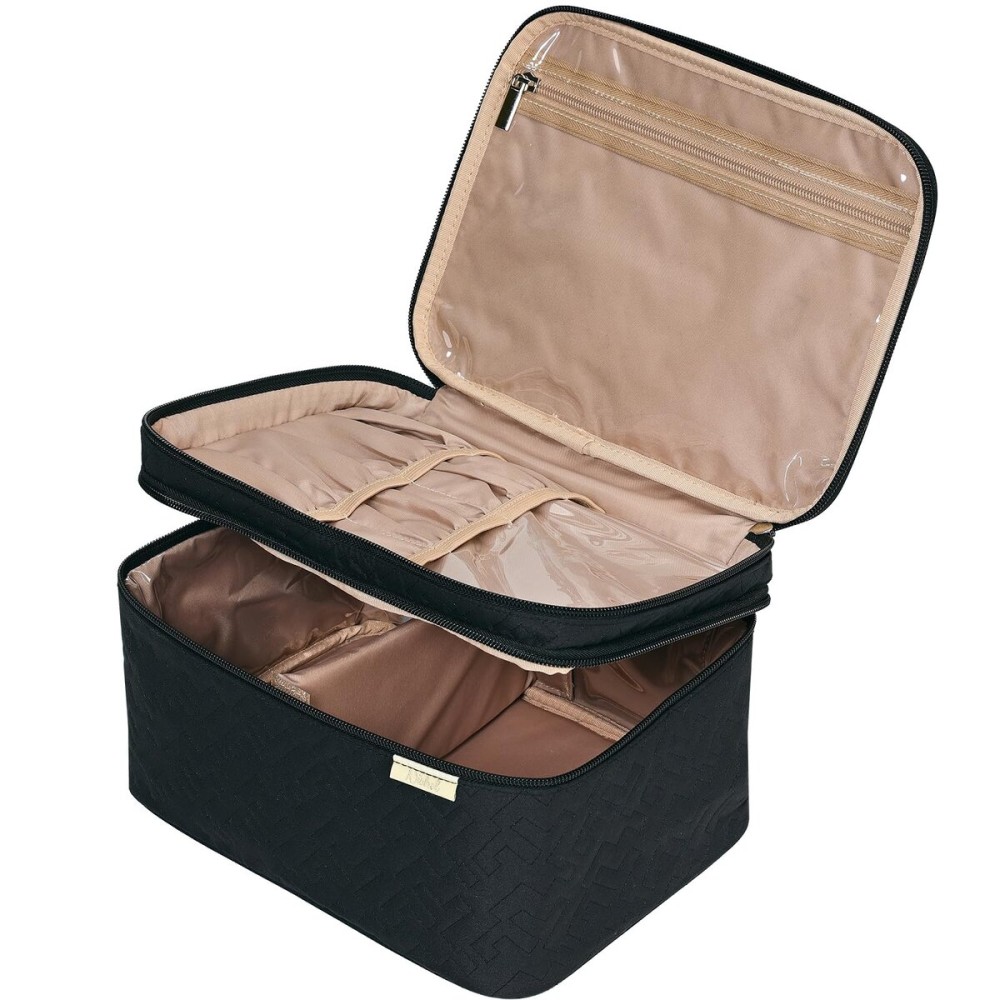 NISHEL Large Double Layer Travel Makeup Bag Women, Cosmetic Case, Organizer for Travel-Size Accessories Bottles, Brushes, Conditioner, and Skin Care Products, Black