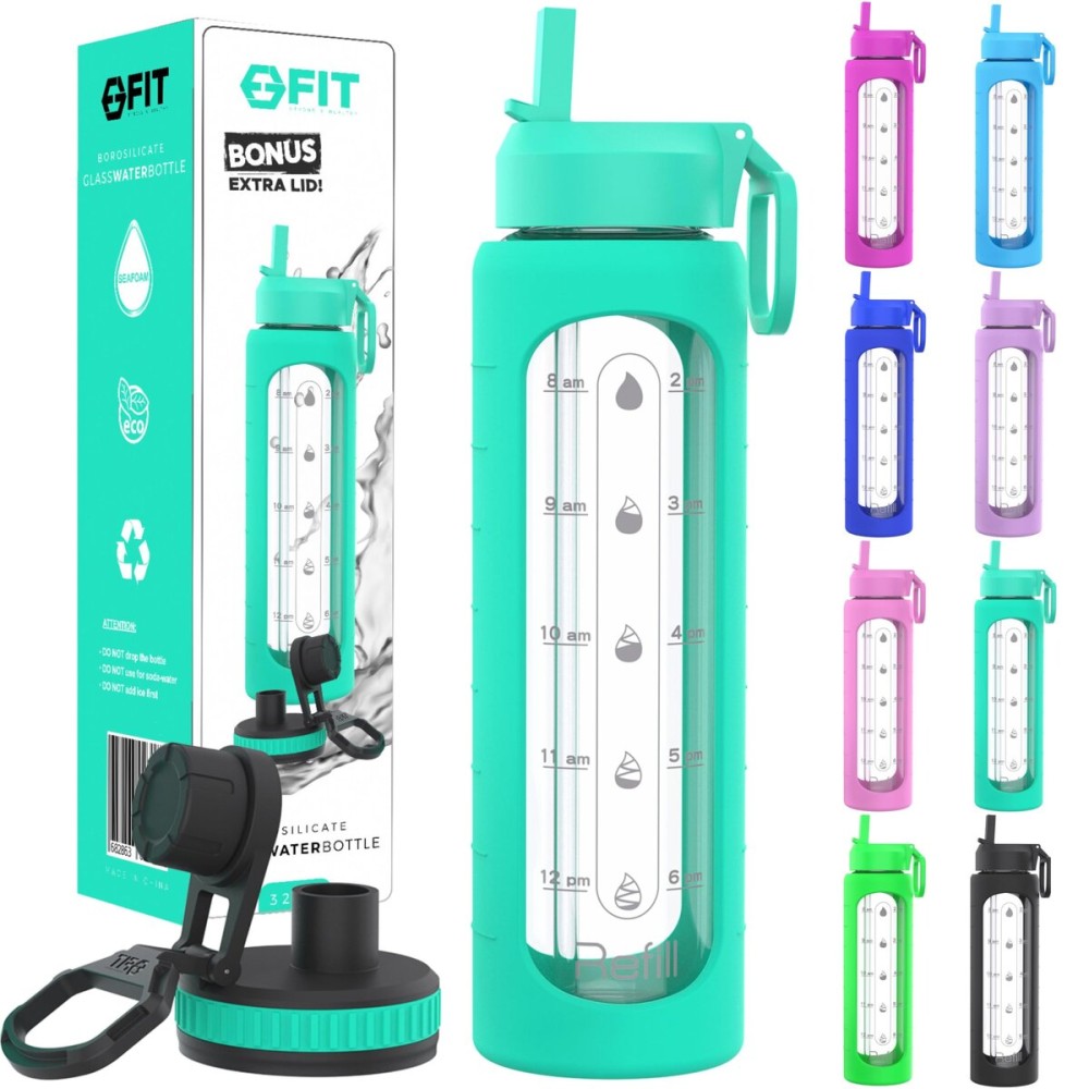 FIT Strong & Healthy 32 oz Glass Water Bottle with Straw Lid - Wide Mouth Borosilicate Glass Water Bottles with Time Marker, Silicone Sleeve & Extra Lid, 1L Large Motivational Drinking Bottle, Seafoam