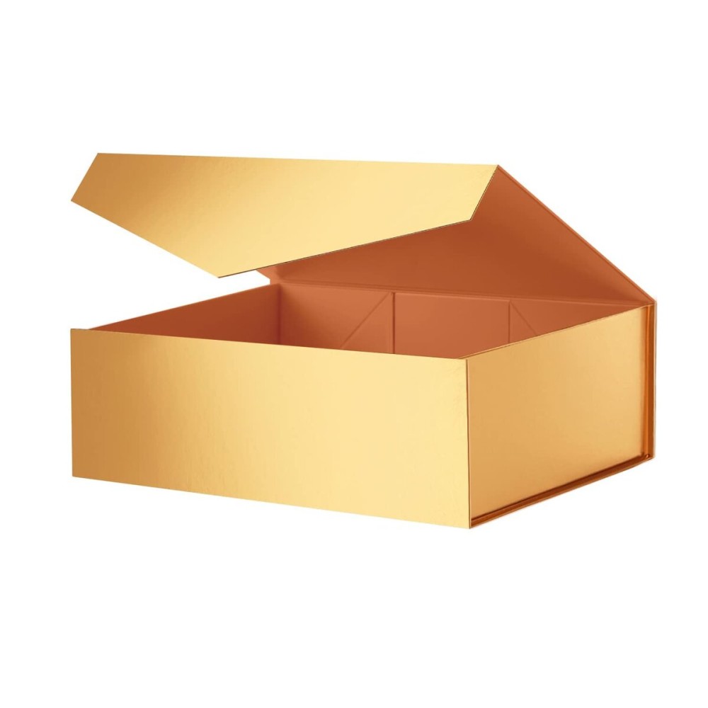 JINGUAN Large Gold Collapsible Gift Box with Magnetic Closure Lid 13.5x9x4.1 Inches, Bridesmaid Proposal Box for Present (Glossy Gold, 1 Pack)