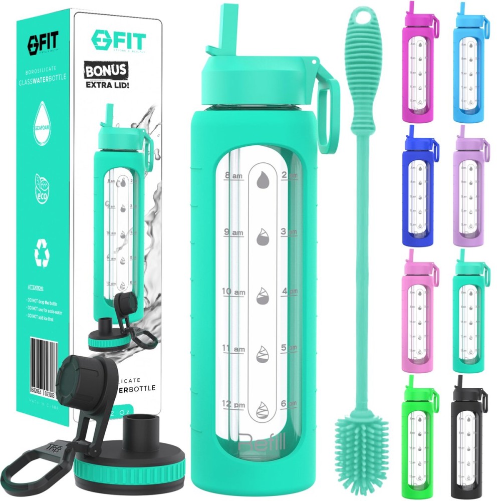 FIT Strong & Healthy 32 oz Glass Water Bottle with Straw Lid, Time Marker, Sleeve, & Brush - Motivational, Wide Mouth, Large BPA-Free, Glass Drinking Bottle, Waterbottle (Seafoam Sleeve, with Brush)