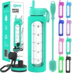 FIT Strong & Healthy 32 oz Glass Water Bottle with Straw Lid, Time Marker, Sleeve, & Brush - Motivational, Wide Mouth, Large BPA-Free, Glass Drinking Bottle, Waterbottle (Seafoam Sleeve, with Brush)