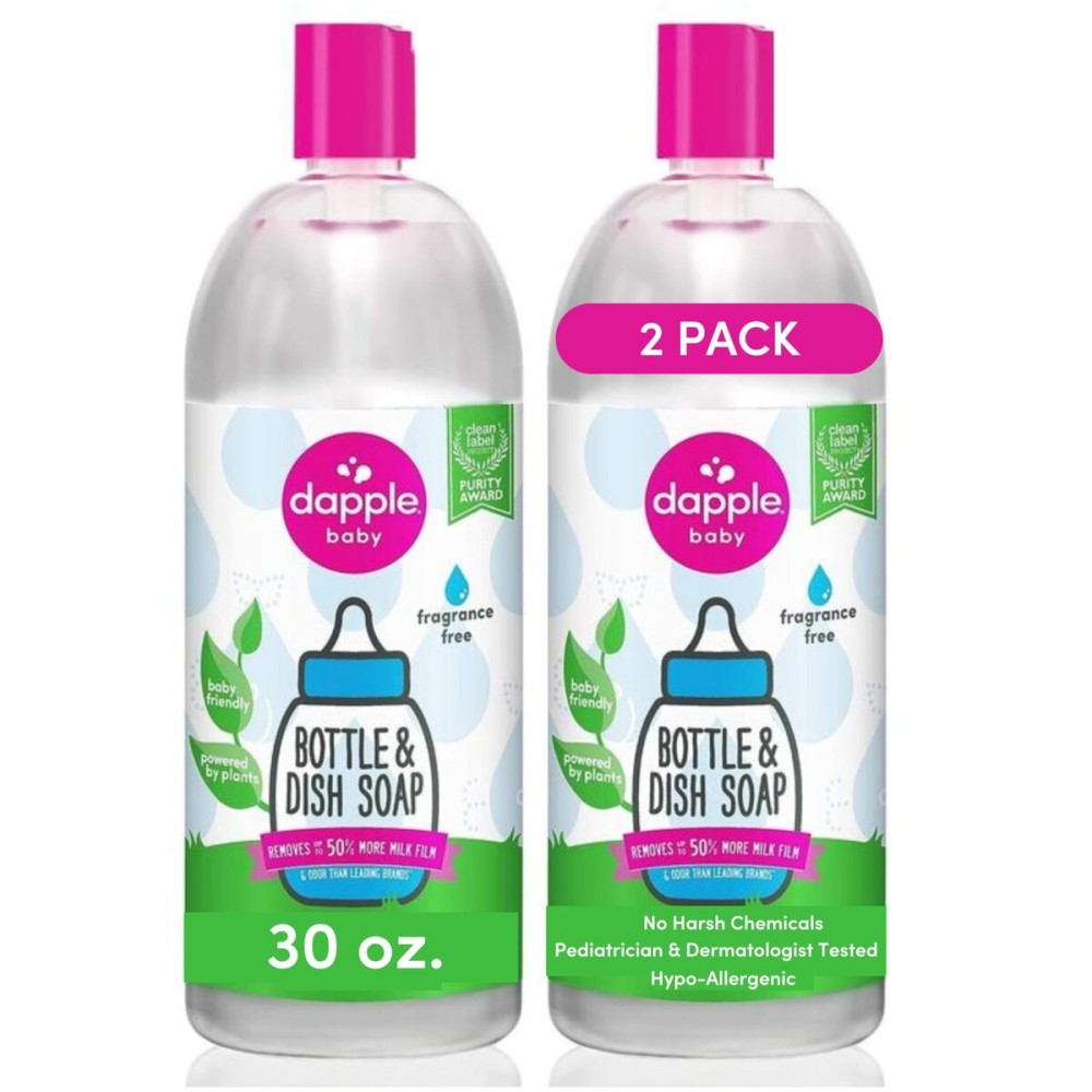 Baby Bottle Soap & Dish Soap Refill by Dapple Baby, Fragrance Free, Plant Based Dish Liquid for Dishes & Baby Bottles - Hypoallergenic Soap, Liquid Soap Refill, 30 Fl Oz (Pack of 2)