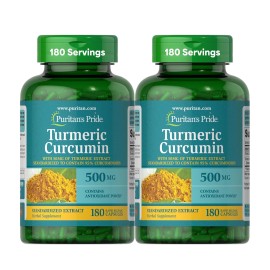 Puritan\'s Pride Turmeric Curcumin 500mg, Standarized to 95% Cucuminoids, Herbal Dietary Supplement for Antioxidant Health, 180 Radpid Release Capsules, Pack of 2