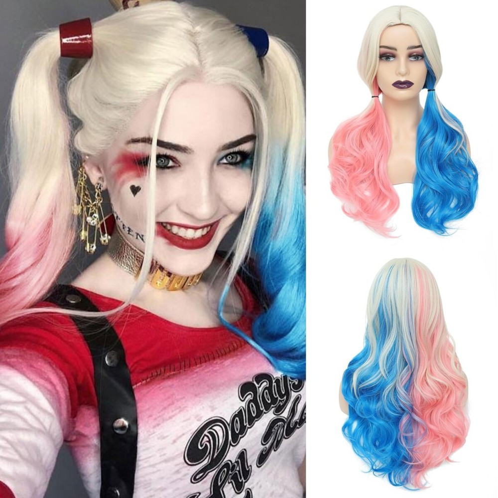 WECAN Pink and Blue Long Curly Wigs for Women - Cosplay & Halloween Party - Synthetic Fibers - Suicide Squad Harley Quinn Wig