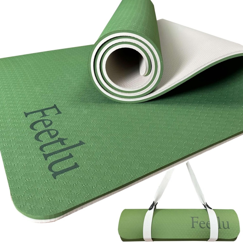 Feetlu Extra Thick Exercise Yoga Mat with Strap - 2/5 Inch (10MM), Non-Slip Workout Mat for Yoga, Pilates, and Floor Exercises(Green & Cream)