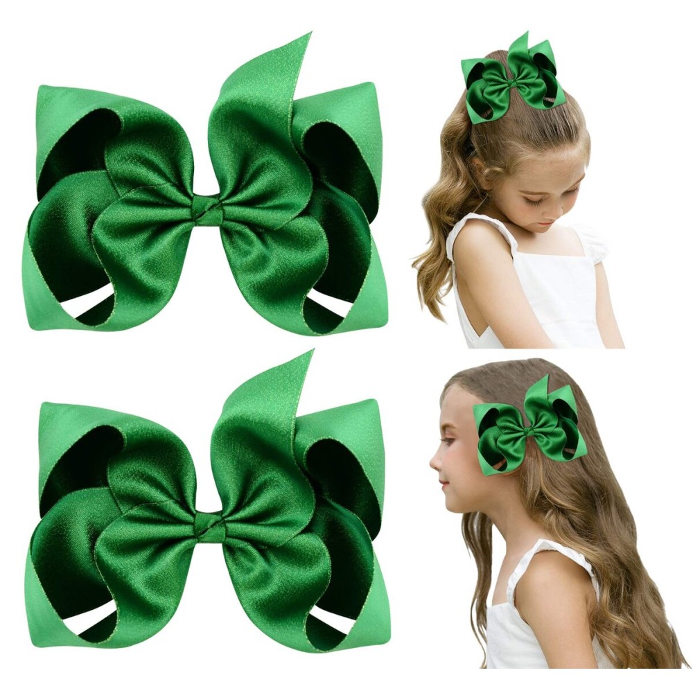 DEEKA 2 PCS 6 Big Hand-made Shiny Glitter Ribbon Hair Bows Alligator Clips Hair Accessories for Little Teen Toddler Girls Kids Set of 2 -Green