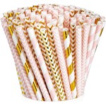 GUSTO [200 Pack] light Pink & Gold Paper Straws Disposable, 100% Biodegradable Multi-Pattern Party Straws For Birthday, Wedding and Holiday Decoration - Formerly Comfy Package