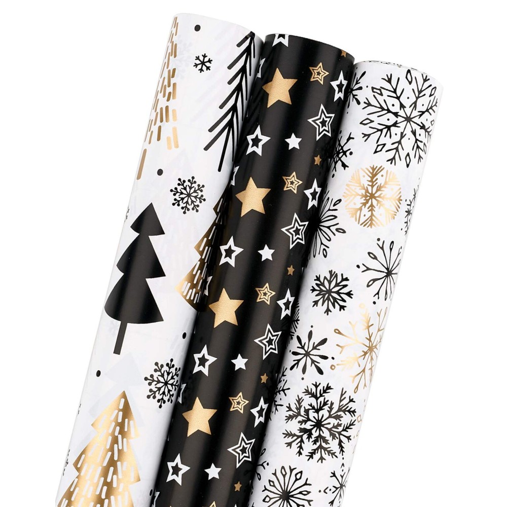 MAYPLUSS Wrapping Paper Roll - Mini Roll - 17 inch X 120 inch Per roll - 3 Different Christmas Black Gold Design (42.3 sq.ft.ttl)