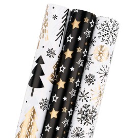 MAYPLUSS Wrapping Paper Roll - Mini Roll - 17 inch X 120 inch Per roll - 3 Different Christmas Black Gold Design (42.3 sq.ft.ttl)