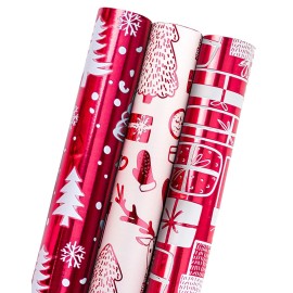 MAYPLUSS Wrapping Paper Roll - Mini Roll - 17 inch X 120 inch Per roll - 3 Different Red and White Christmas Design with Glitter Metallic Foil Shine (42.3 sq.ft.ttl)