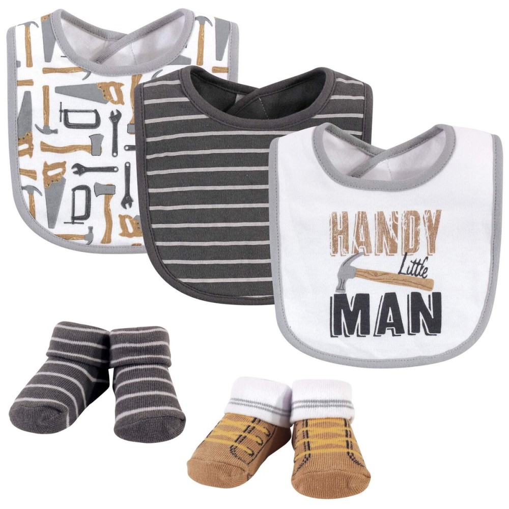 Hudson Baby Unisex Baby Cotton Bib and Sock Set, Handy Man, One Size