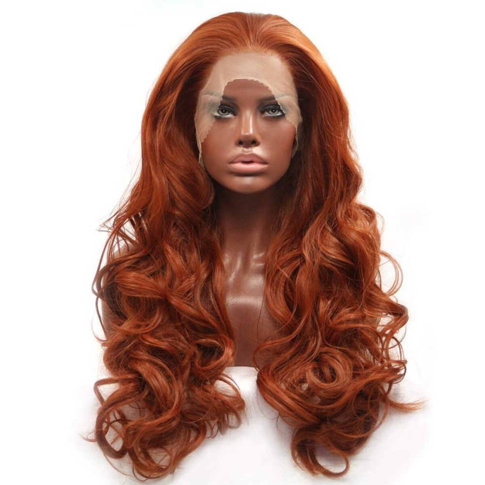 ELESTY Glueless Synthetic Lace Front Wig Copper Red Long Natural Wavy Free Part Lace Wigs Heat Resistant Synthetic Hair Wig for Women 24Inch