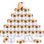 SATINIOR 24 Pieces Empty Clear Plastic Jars with Lids Round Storage Containers Wide-Mouth for Beauty Product Cosmetic Cream Lotion Liquid Butter Craft and Food (Gold Lid,1 oz)
