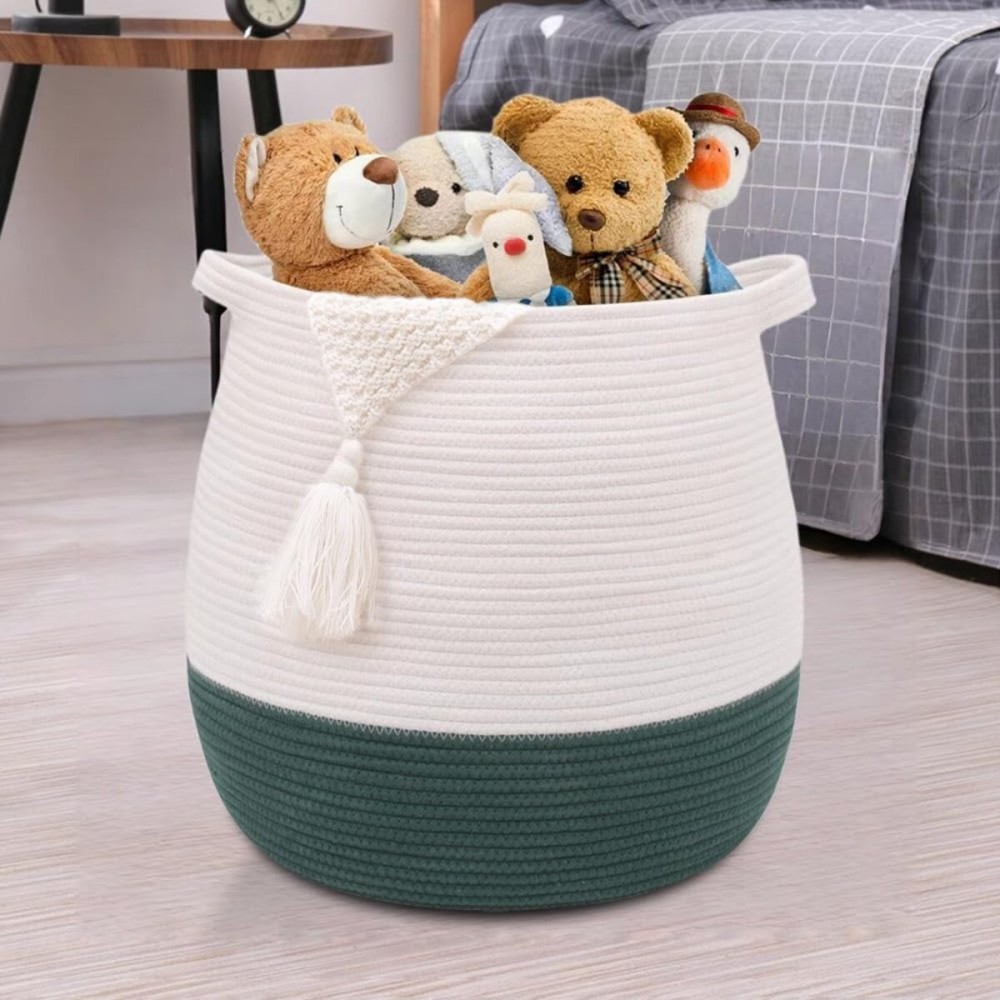 childishness ndup Large Cotton Rope Basket, Woven Storage Basket for Toy, Laundry and Blanket Organizer, Round Hamper Basket with Handles for Kid\'s Room 17.7x16.9