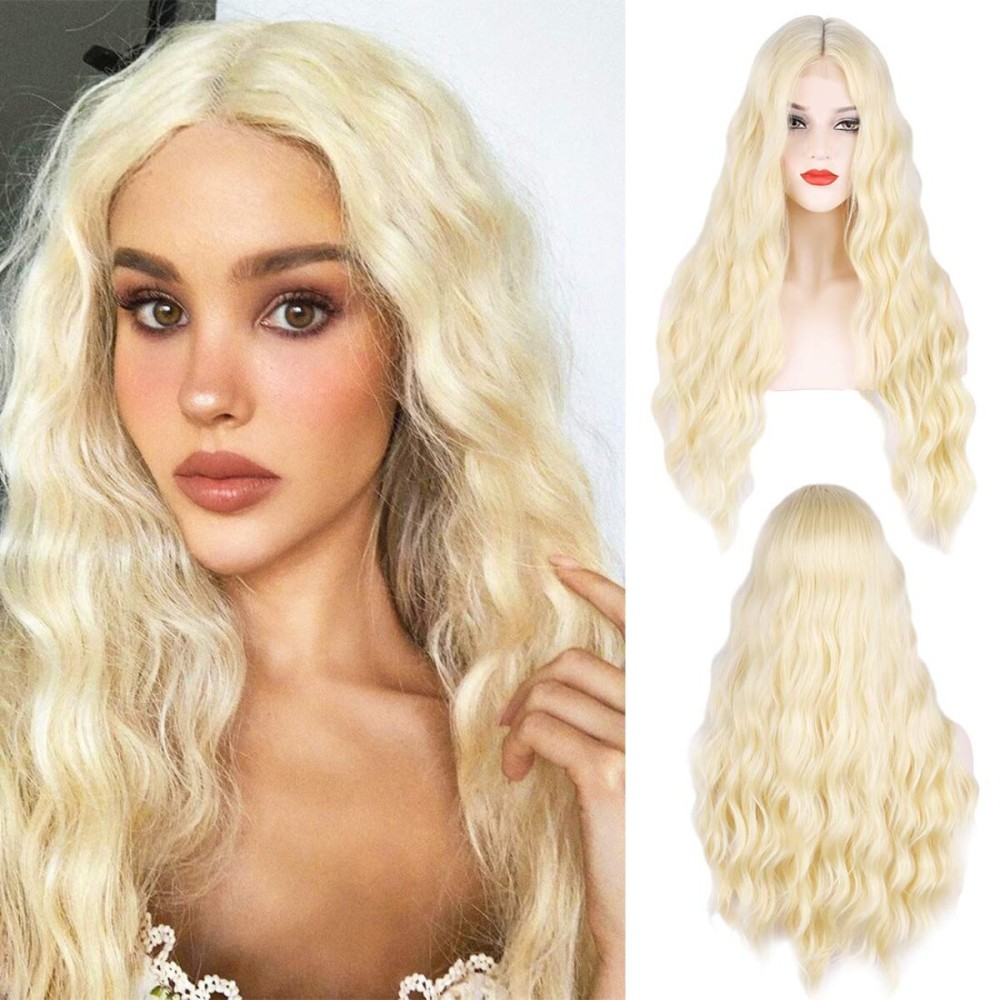 WECAN Long Blonde Wig for Women Blonde Wigs Small Lace Synthetic Natural Looking Part Wavy Goddess Wig Halloween Cosplay Daily Party Wig