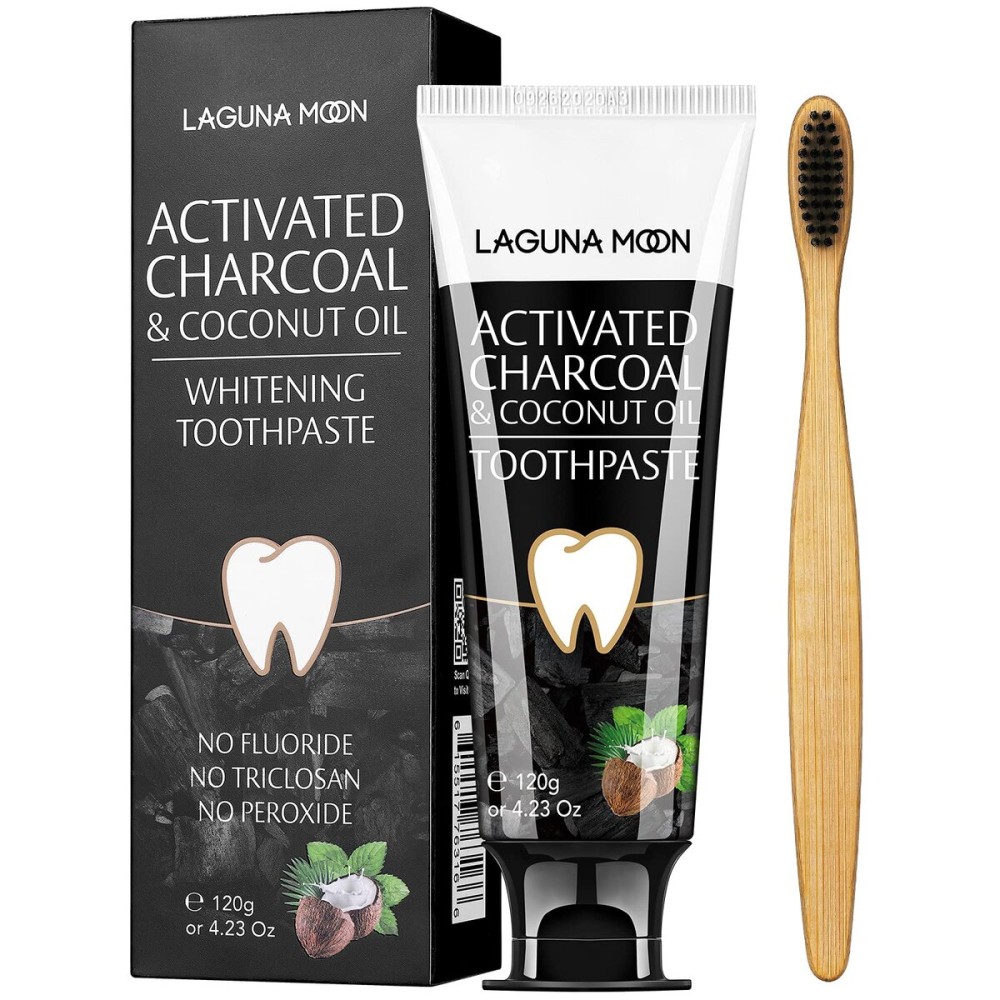 Lagunamoon Whitening Charcoal Toothpaste for Sensitive Teeth, Enamel Repair, Cavity Protection - Natural Toothpaste for Whitening, Removing Stains, Mint Flavor Freshen Breath Mint Gel - No Peroxide
