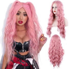 673HT Pink Wavy Wig - 28 Inch Synthetic Hair, Heat-Resistant, Perfect for Cosplay, Parties & Daily Wear
