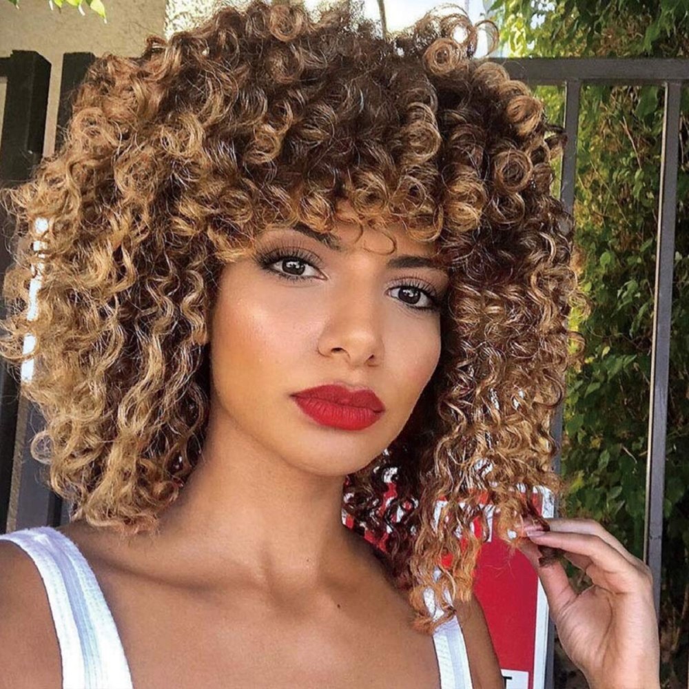 YEAME Curly Wigs for Black Women - Kinky Afro Curly Wig with Bangs 2 Tone Blonde Mixed Brown Color Synthetic Heat Resistant Full Wigs with 1 Wig Comb and 4pcs Wig Caps
