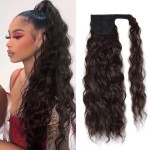 Corn Wave Ponytail Extension Clip in - 22 Inch Long Wavy Curly Wrap Around Pony Tail Heat Resistant Synthetic Hairpiece for Women (Black Brown 2)