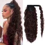 Corn Wave Ponytail Extension Clip in - 22 Inch Long Wavy Curly Wrap Around Pony Tail Heat Resistant Synthetic Hairpiece for Women (Black Mixed Auburn Brown 2-33)