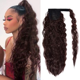 Corn Wave Ponytail Extension Clip in - 22 Inch Long Wavy Curly Wrap Around Pony Tail Heat Resistant Synthetic Hairpiece for Women (Black Mixed Auburn Brown 2-33)