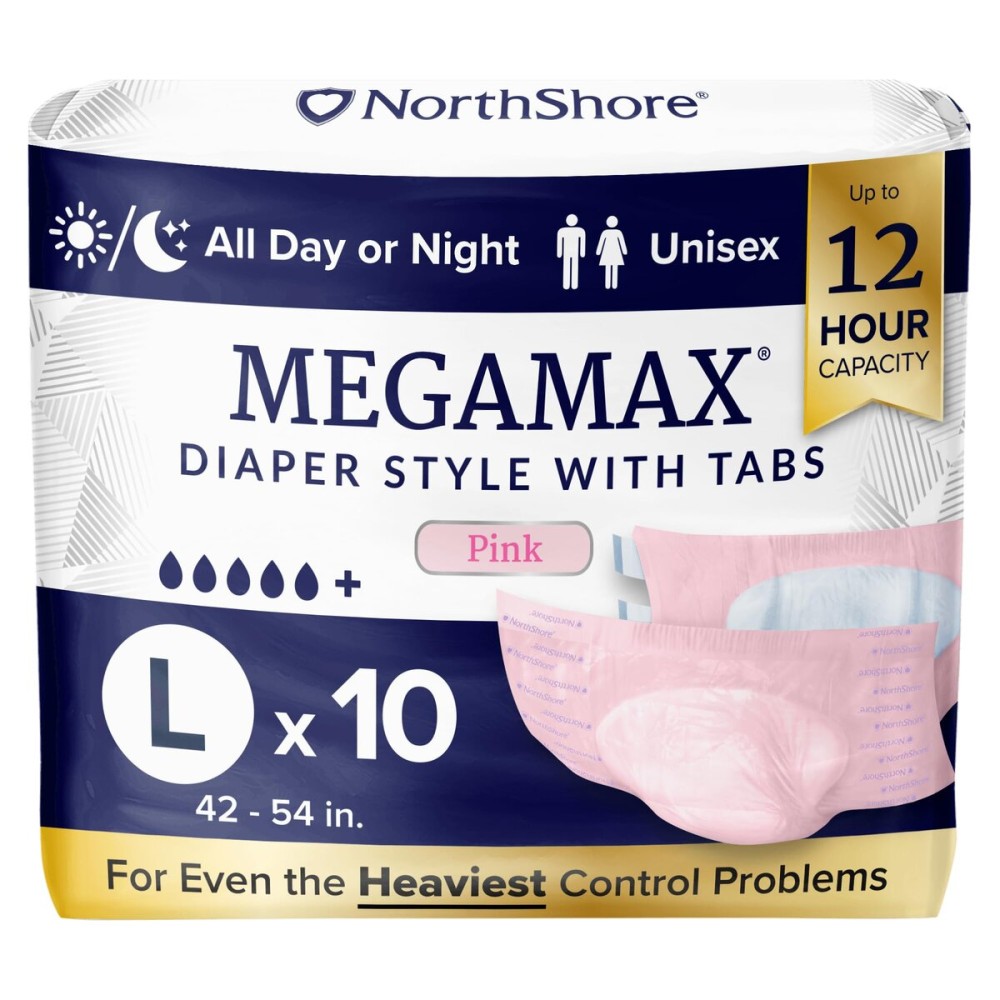 NorthShore MegaMax Adult Overnight Diapers, 12-Hour Tab-Style, Large, 10 Count Bag, Pink, 42-54 inches, Unisex Incontinence Underwear